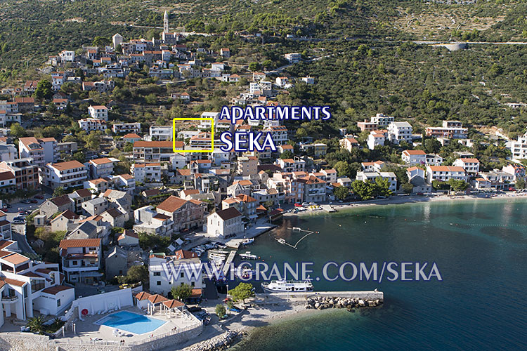 position of apartments Seka in Igrane, aerial view